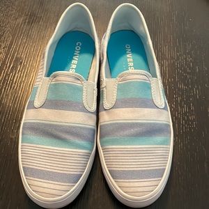 Converse slip Ons- blue Stripes women size 9.5, no laces